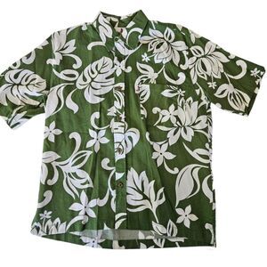 Hinano Tahiti Green Tropical Print 100% Cotton Button Down Short Sleeve Shirt M